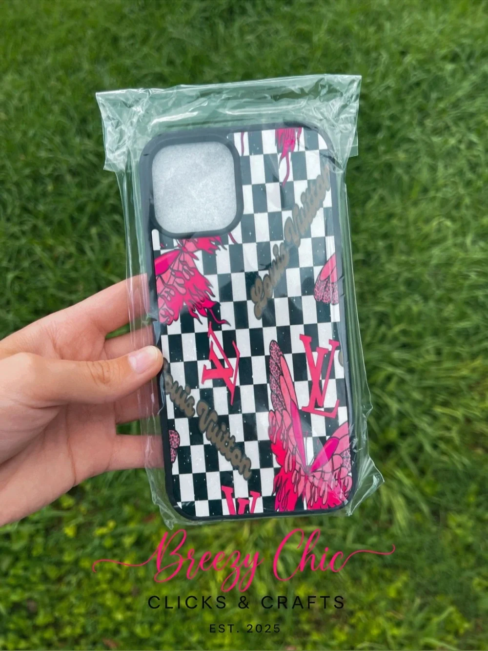 Pink Butterfly Checkered Phone Case - iPhone 12 Pro Max